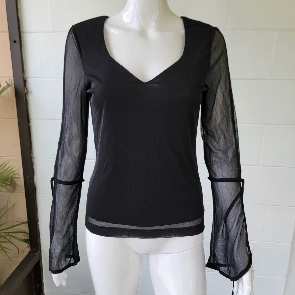 Vintage 00s Trixxi Mesh Sleeve Black Top Women L Y2K Goth